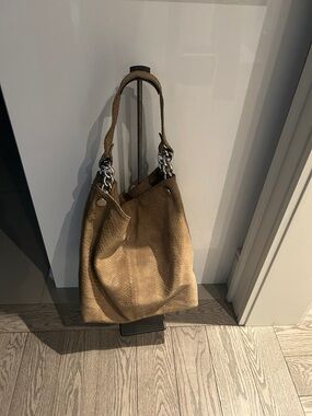 Textured Tan Shoulder Hobo Bag with Chain Accents